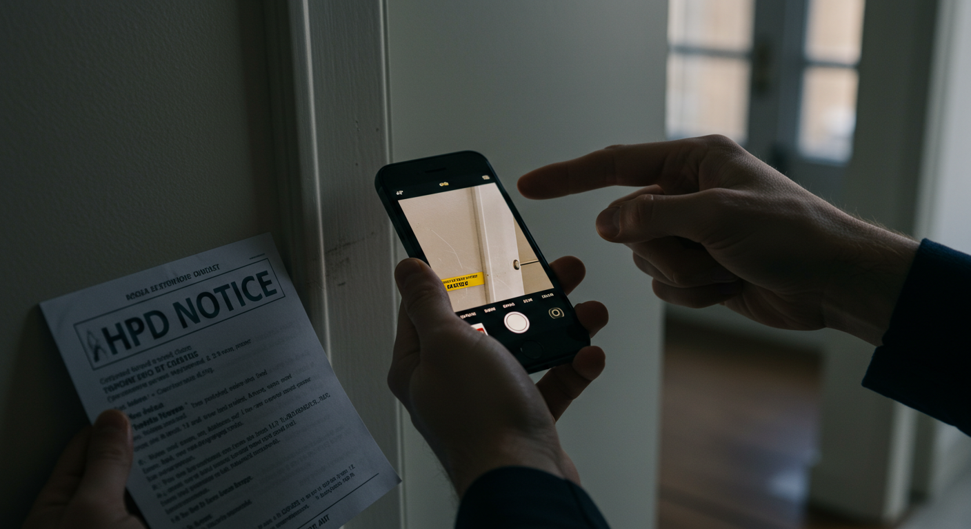 An HPD violation notice posted on a door